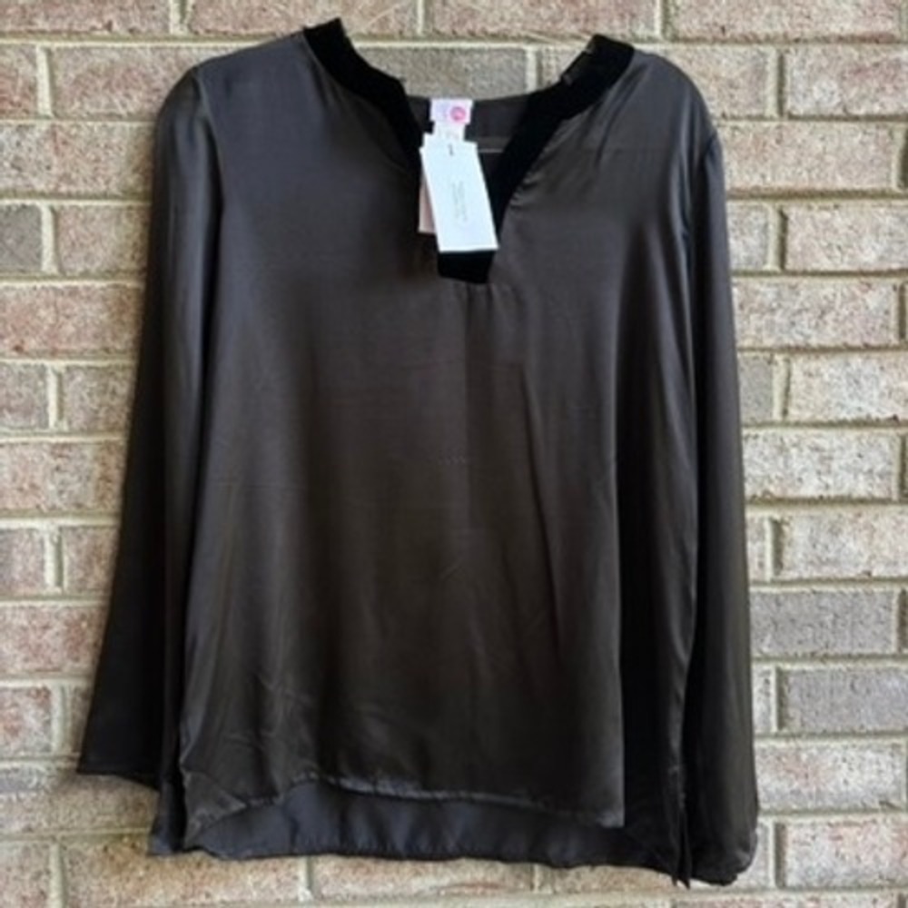 Belly Basics Black Silk‎ Velvet Trim Tunic Top Small NWT